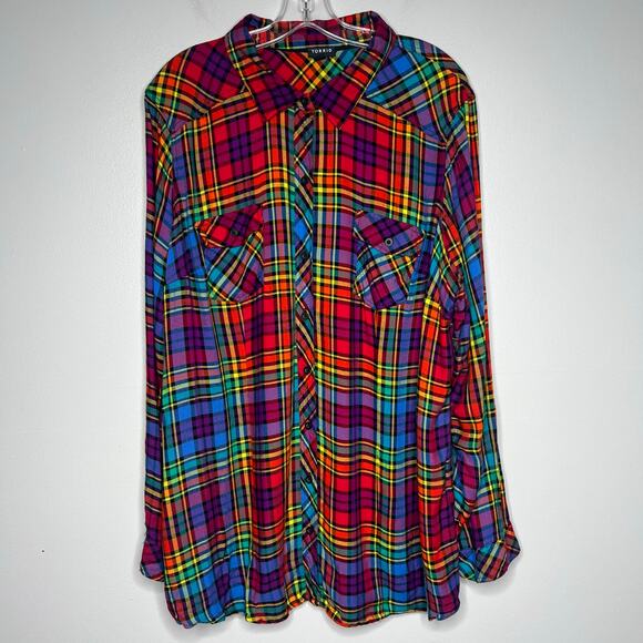 Torrid Challis Button-Down Long Sleeve Shirt Rainbow Plaid Size 3X Fall Western - Picture 7 of 15